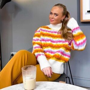 ZARA Rainbow Striped Zig Zag Chunky Knit Mock Neck Long Sleeve Pullover Sweater